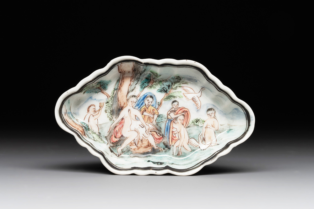 A Chinese famille rose 'Leda and the Swan' pattipan or spoon tray, Yongzheng/Qianlong