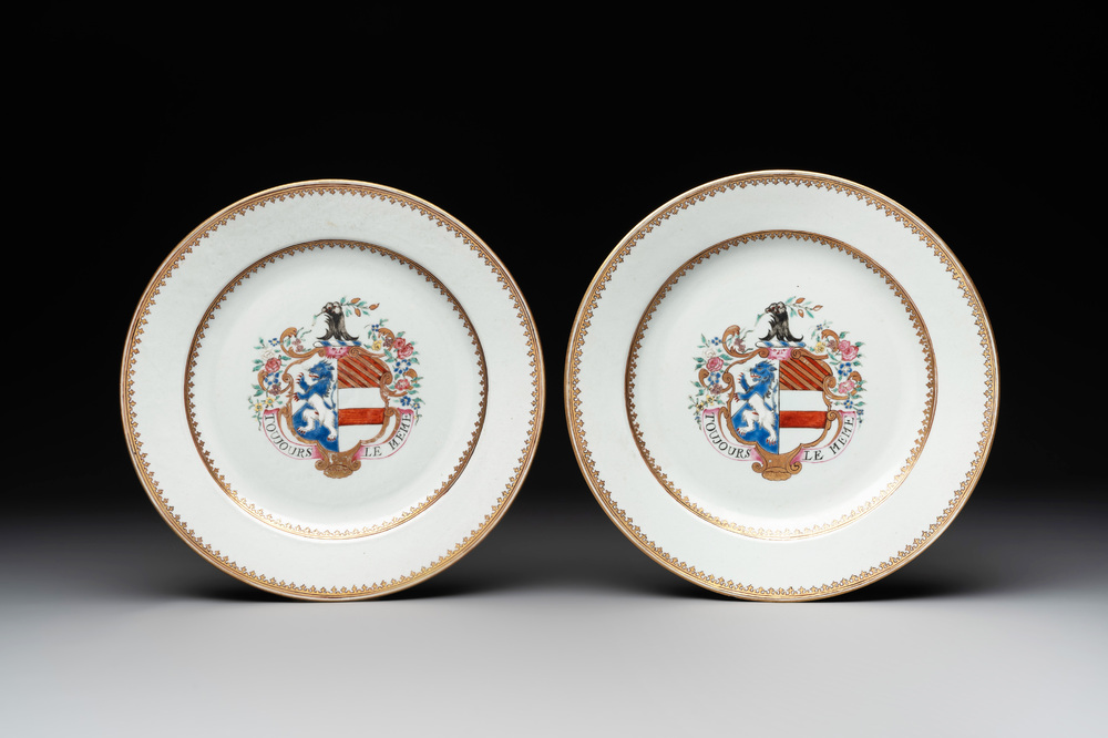 A pair of Chinese armorial plates with the arms of Giles impaling Despayne, Qianlong, ca. 1745