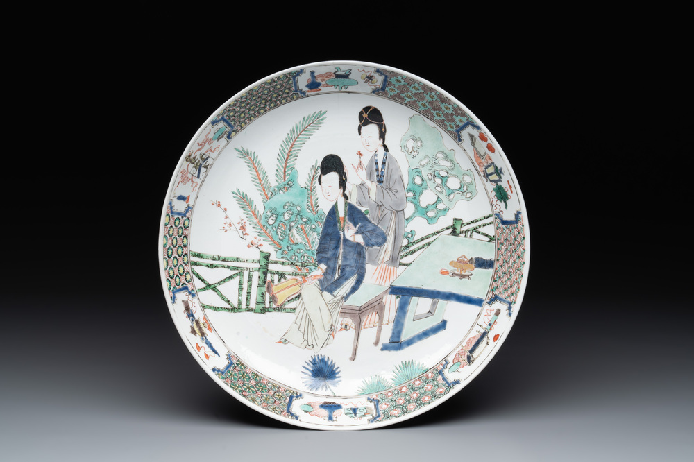 A fine Chinese famille verte 'court ladies' dish, Kangxi