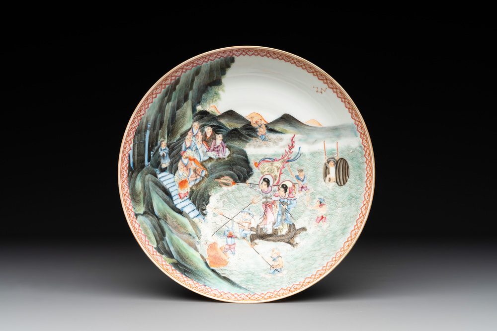 A Chinese famille rose eggshell 'immortals' plate, Qianlong mark, 20th C.