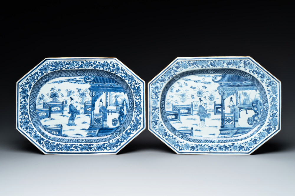 A pair of octagonal Chinese blue and white 'court ladies' dishes, Yongzheng