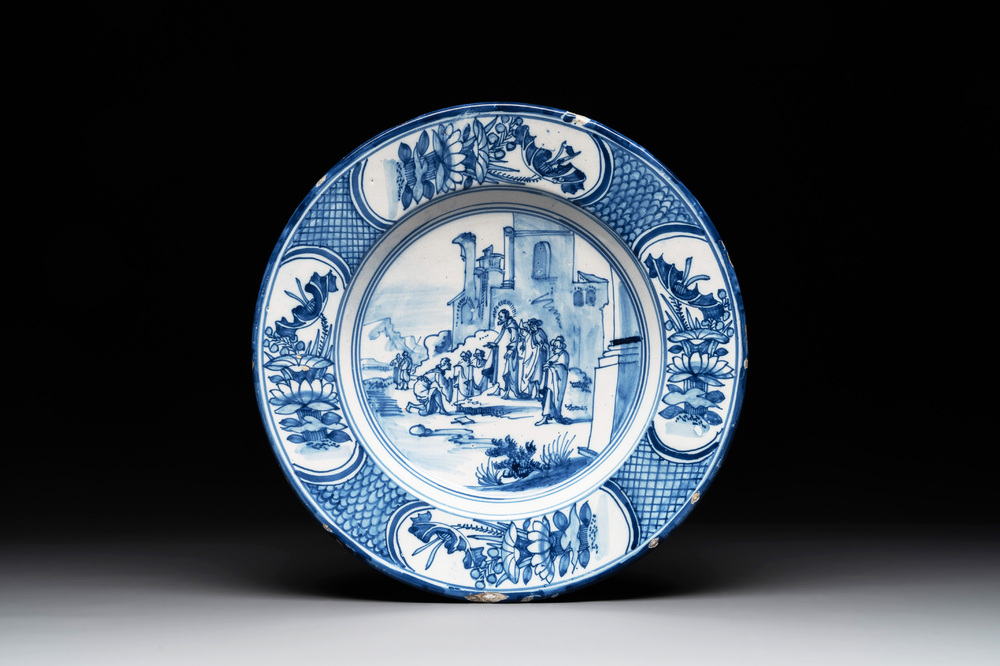 A Dutch Delft blue and white 'biblical subject' dish, 17th C.
