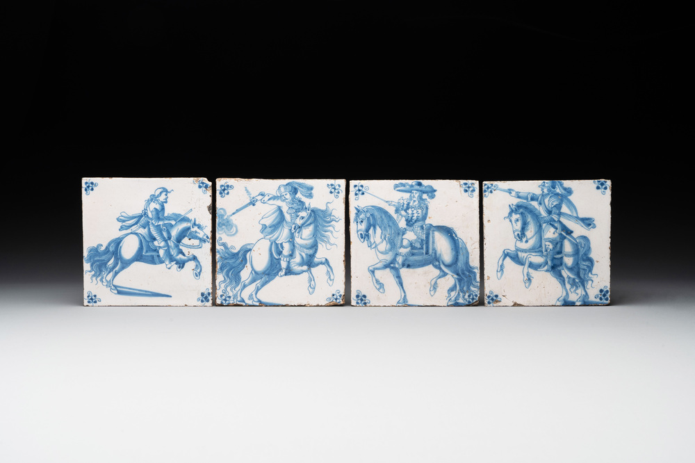 Four blue and white Dutch Delft 'horserider' tiles, 18th C.