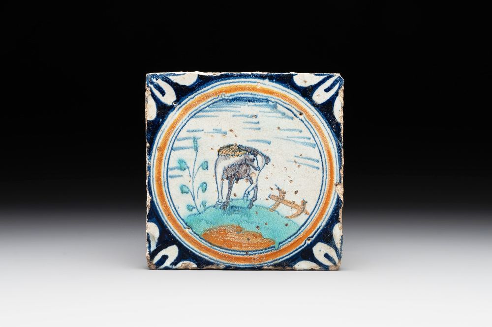 A polychrome Dutch Delft maiolica 'medallion' 'horse' tile, late 16th C.