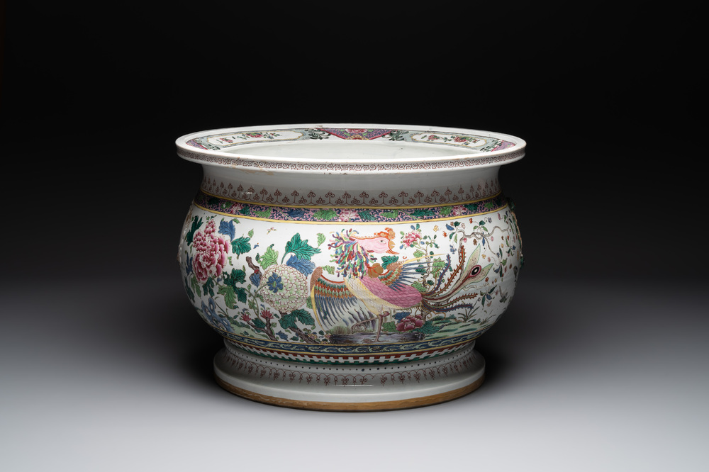 A large famille rose-style 'phoenix' fish bowl or jardini&egrave;re, Samson, Paris, 19th C.