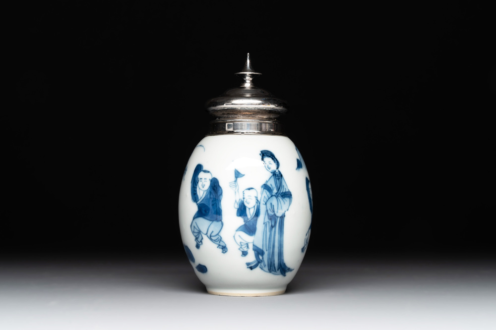 A Chinese blue and white 'Long Eliza and playing boys' tea caddy with silver mount and cover, Kangxi