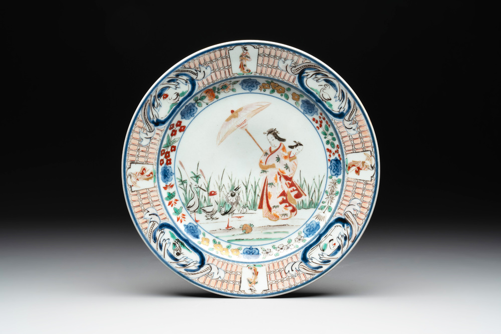 A Japanese Imari 'Parasol Ladies' plate after Cornelis Pronk, Edo, 18th C.