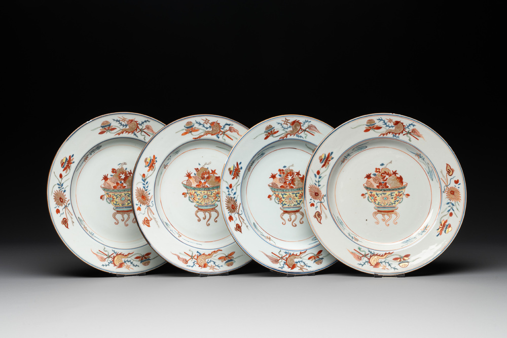 Four Chinese famille rose 'three abundances' or 'sanduo' plates, Yongzheng