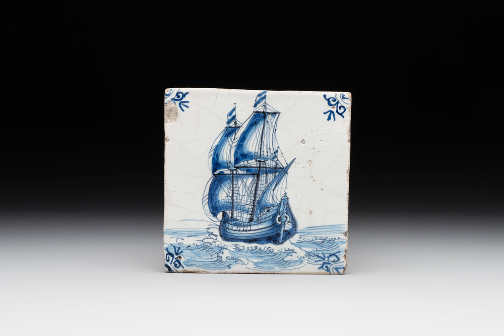 A blue and white Dutch Delft 'large ship' tile, Harlingen, 17th C.