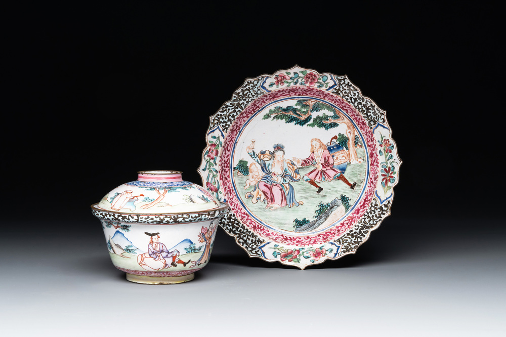 A Chinese Canton enamel 'foreigners' bowl and cover and a 'erotical subject' plate, Yongzheng/Qianlong