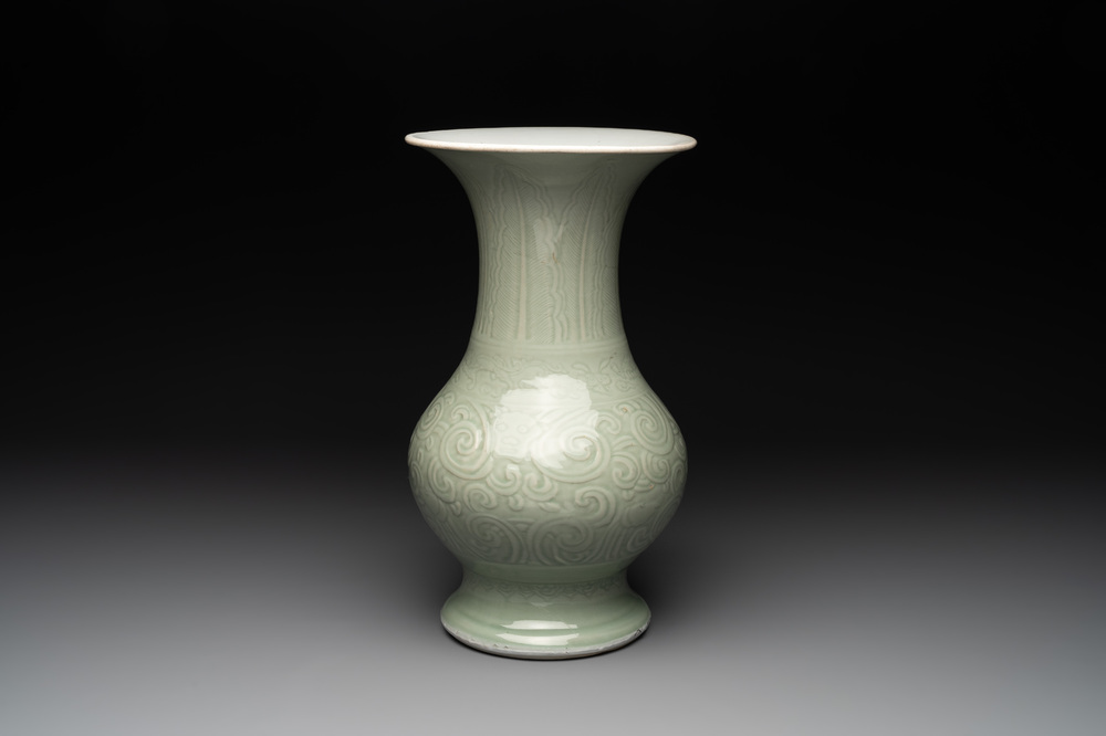 A Chinese incised celadon-glazed 'chilong' vase, Kangxi