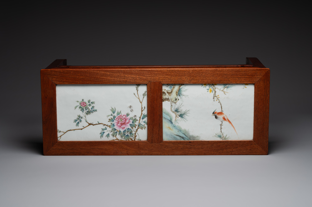A Chinese hardwood low table with two famille rose plaques, Republic