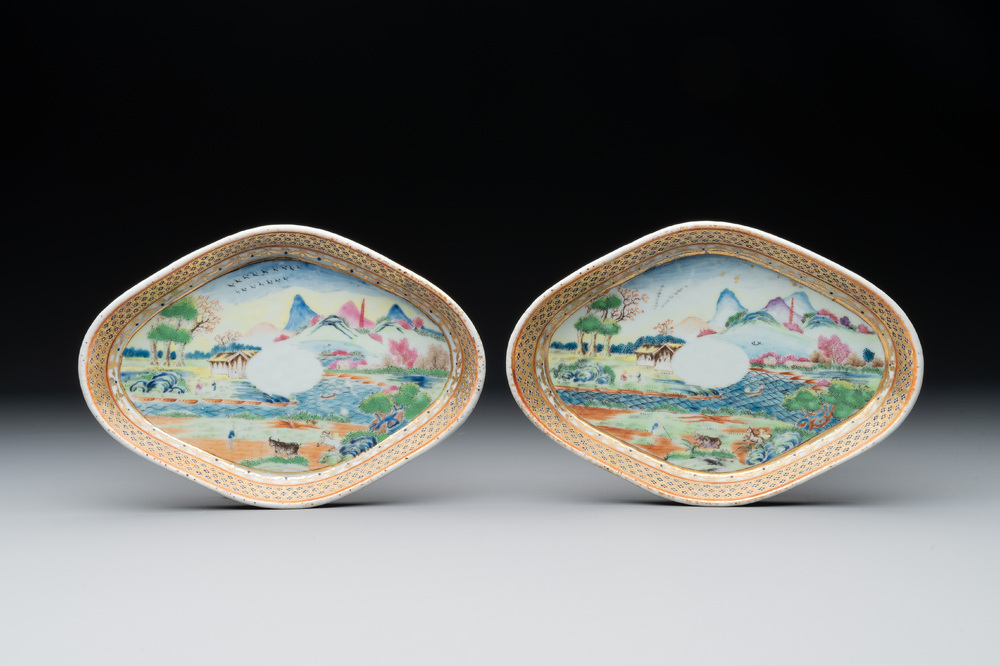 A pair of Chinese Canton famille rose gilt-decorated quadrifoil 'landscape' dishes, Jiaqing