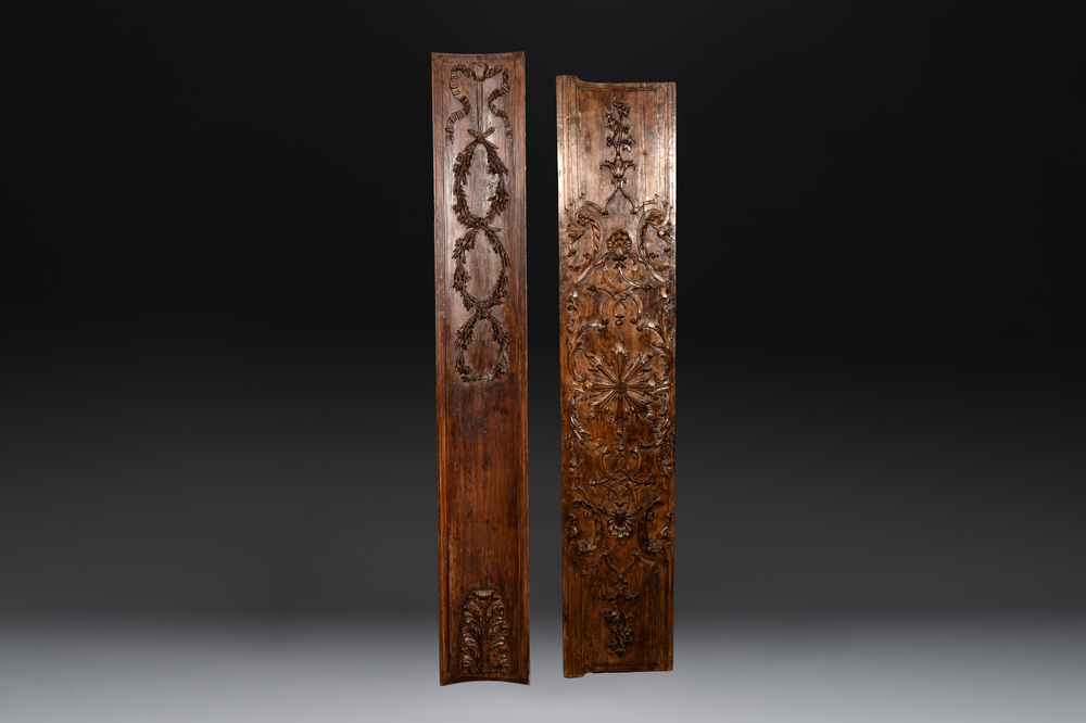 Two ornately carved pine and walnut panels, France, 18th C.