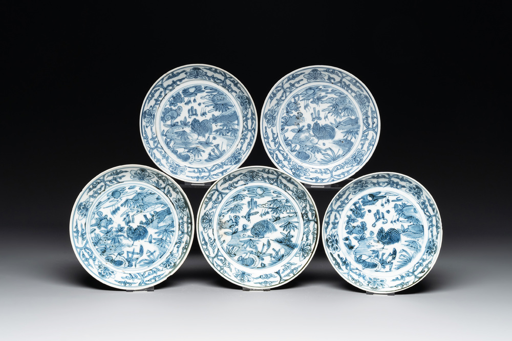 RETURNED 10/12/24 Five Chinese Swatow blue and white 'rooster' plates, Ming