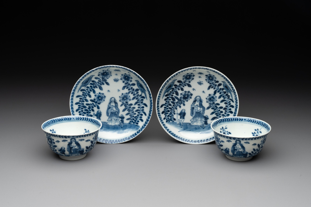 A pair of Chinese blue and white 'Catholic subject' cups and saucers with Madonna and child, Kangxi
