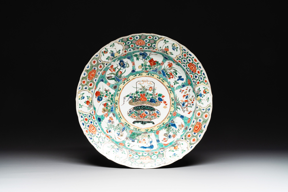 A Chinese famille verte 'flower basket' dish, artemisia leaf mark, Kangxi