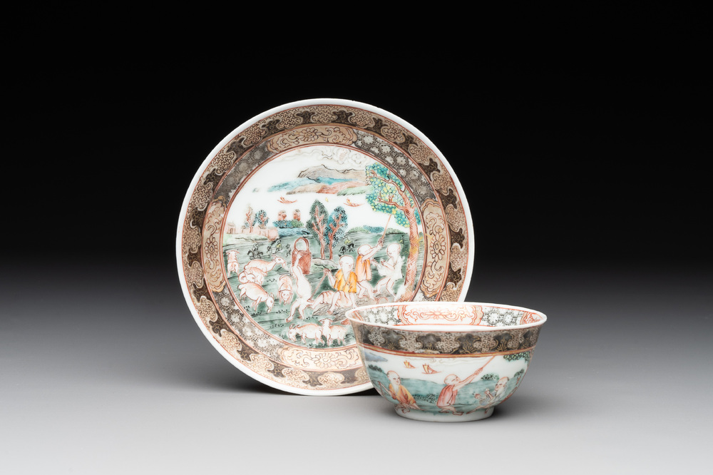 A fine Chinese famille rose 'apple pickers' cup and saucer, Yongzheng