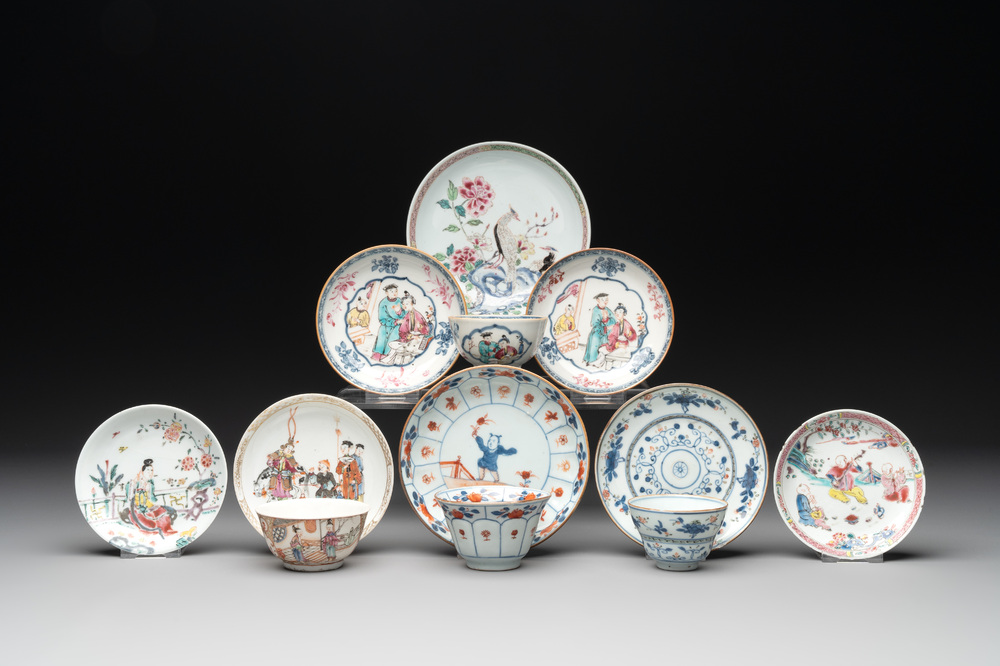 A collection of 12 pieces Chinese famille rose, vert and Imari-style cups and saucers, Yongzheng/Qianlong