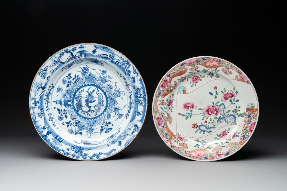 A Chinese famille rose plate and a blue and white dish, Yongzheng/Qianlong