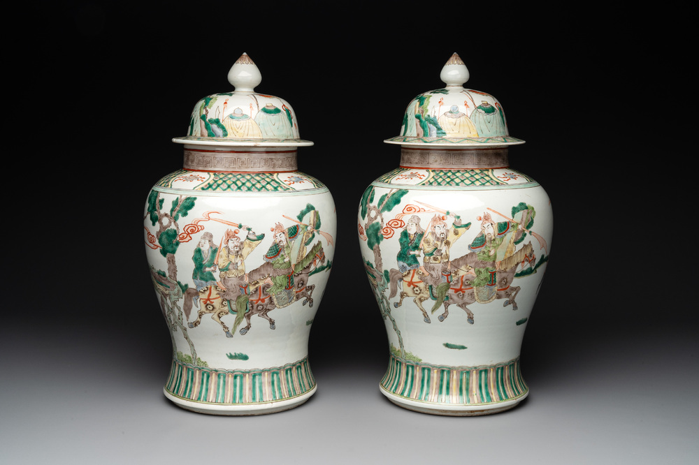A pair of famille verte-style 'warriors on horseback' vases and covers, Samson, Paris, 19th C.