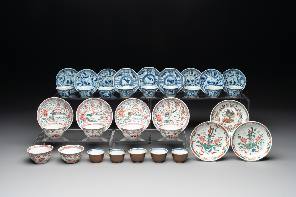 A collection of 36 pieces Chinese blue, white and famille rose cups and saucers, Yongzheng/Qianlong