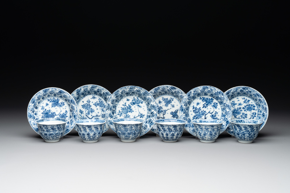 Six Chinese blue and white cups and saucers with floral design, Kangxi