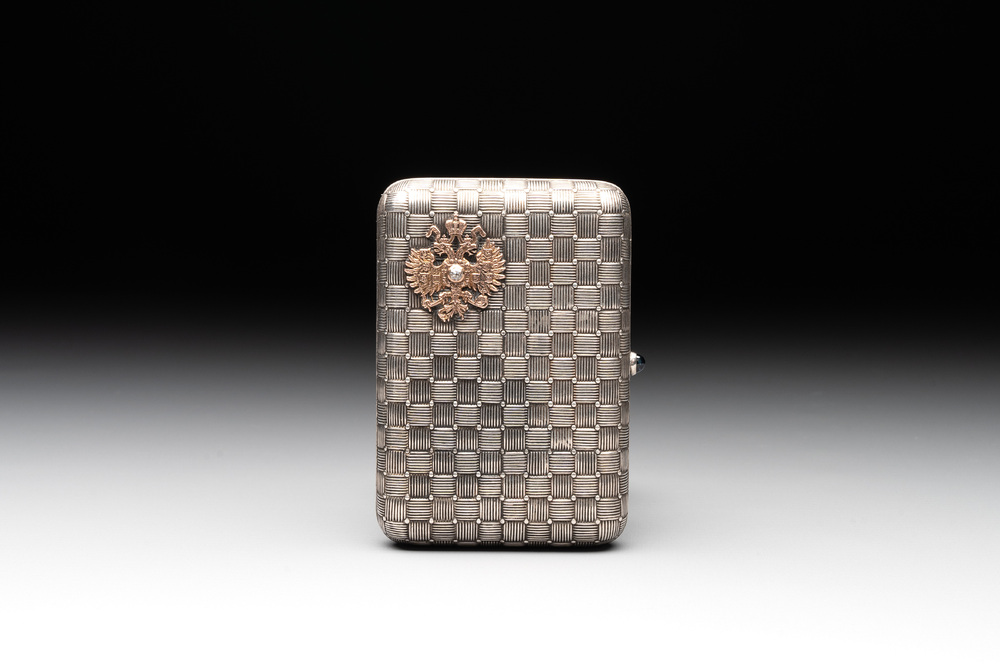 A rare Russian Faberg&eacute; bejewelled gold and silver cigarette presentation case, marked Mikhail Perkhin (1860-1903)