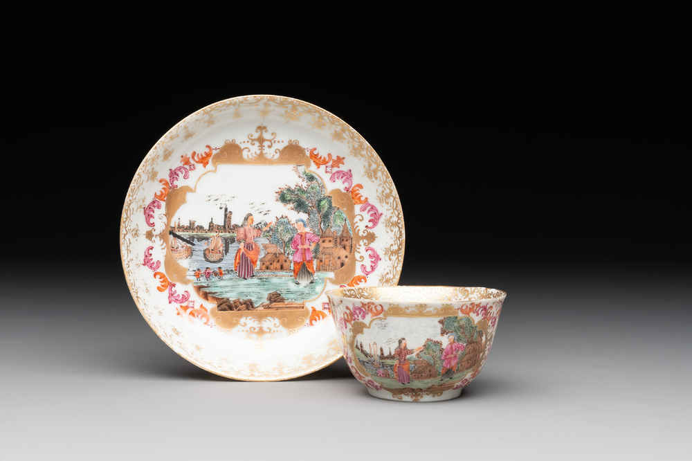 A Chinese Meissen-style export porcelain 'Peter the Great' cup and saucer, Qianlong