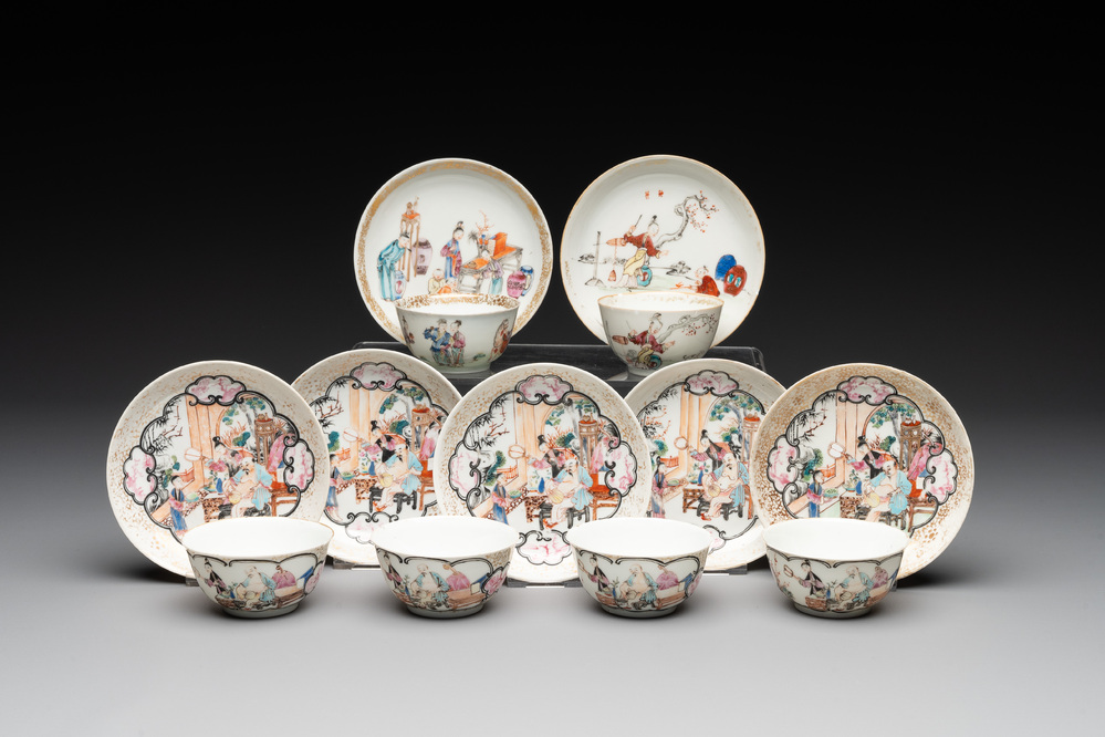 Six Chinese Canton famille rose 'mandarin subject' cups and seven saucers, Yongzheng/Qianlong