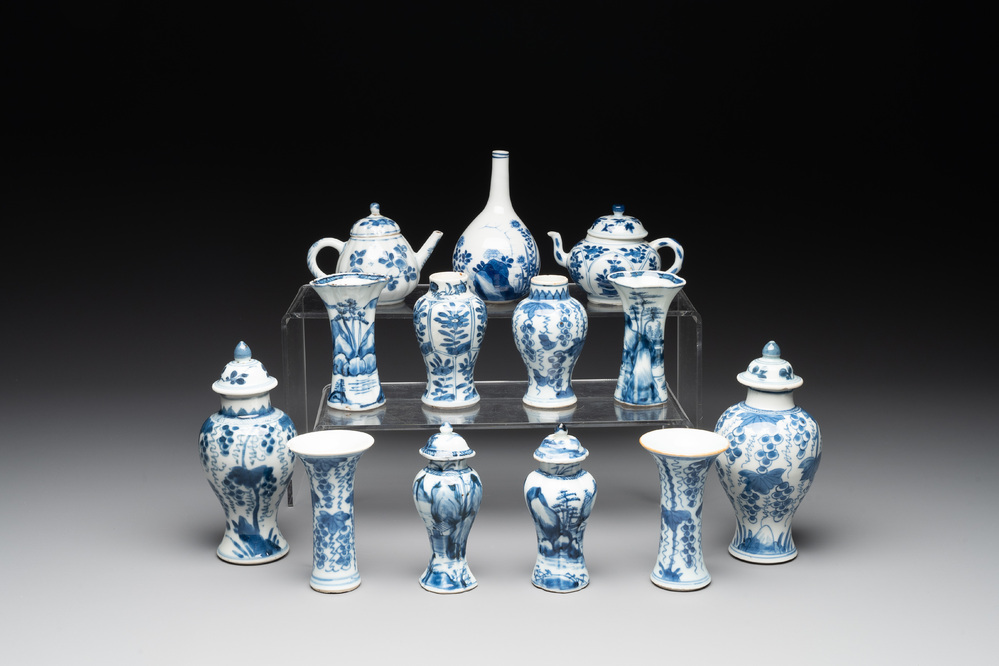 A varied collection of 13 Chinese blue and white wares, Kangxi/Qianlong