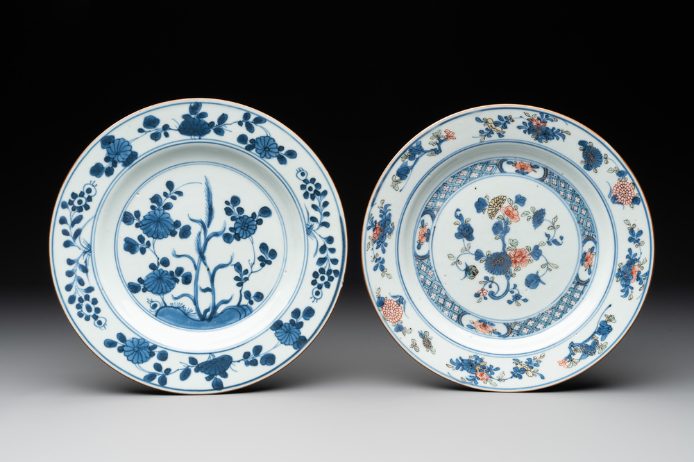 A Chinese blue and white plate and a famille verte plate with Johanneum marks, ex-collection of August the Strong, Yongzheng