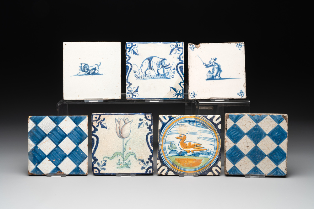 Seven blue, white and polychrome Dutch Delft tiles, 17th C.