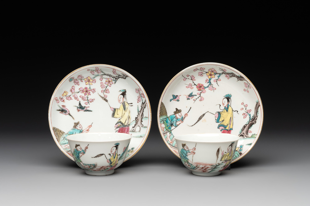 A pair of Chinese famille rose 'beloved by the river' cups and saucers, Yongzheng
