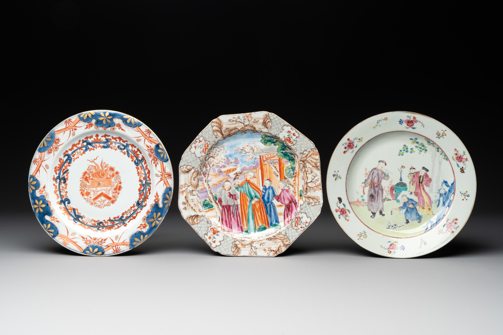 Two Chinese famille rose plates and an Imari-style armorial plate, Kangxi/Yongzheng