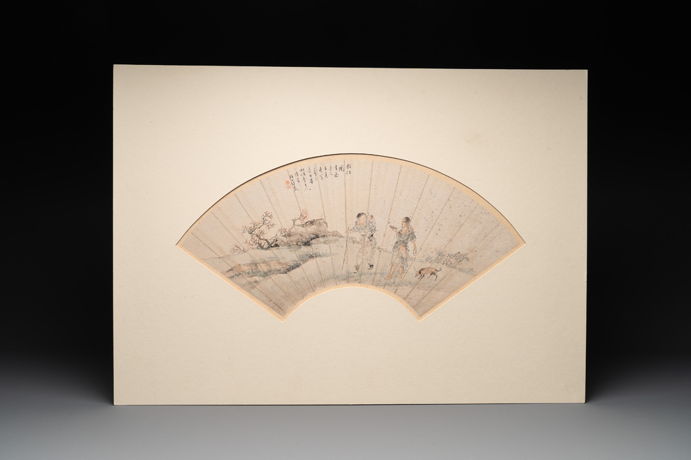 A Chinese fan with folk tale, ink and colour on paper, signed Yuan Qichao 袁啟潮, 19th C.