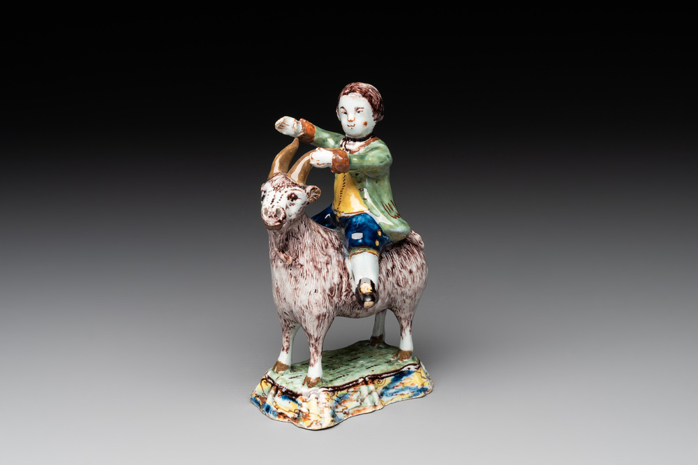 A polychrome Dutch Delft model of a buckrider, 18th C.