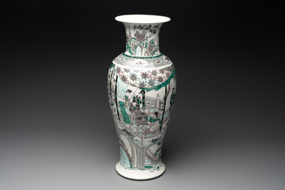 A large Chinese verte biscuit vase with narrative design, Kangxi mark, 19th C.