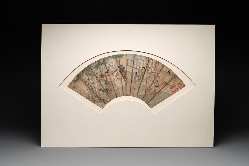 A Chinese fan with folk tale, ink and colour on paper, 19th C.