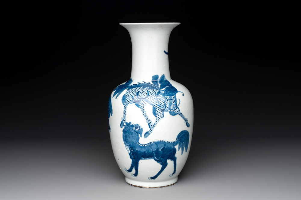 A Chinese blue and white 'mythical animals' vase, Kangxi mark, 19/20th C.