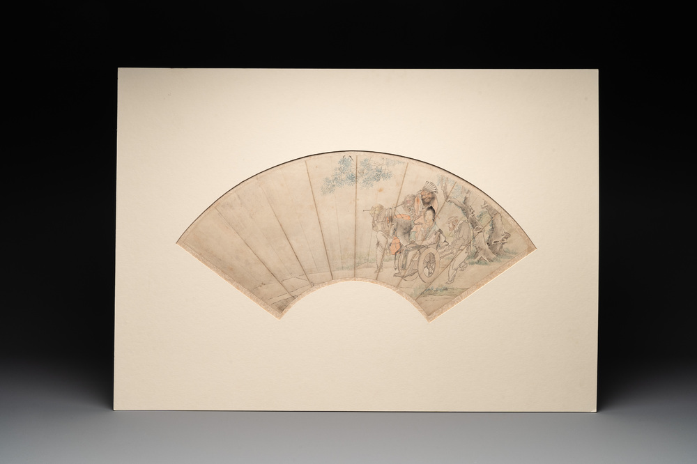 A Chinese fan with folk tale, ink and colour on paper, 19th C.
