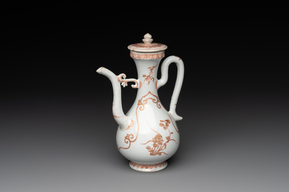 A Chinese iron-red and gilt-decorated ewer with floral design, Kangxi