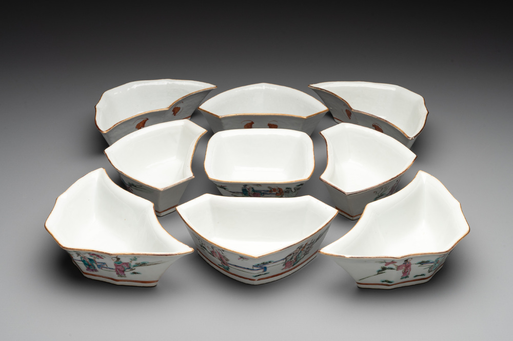 A Chinese famille rose nine-piece sweetmeat or rice table set, Tongzhi mark, 19th C.