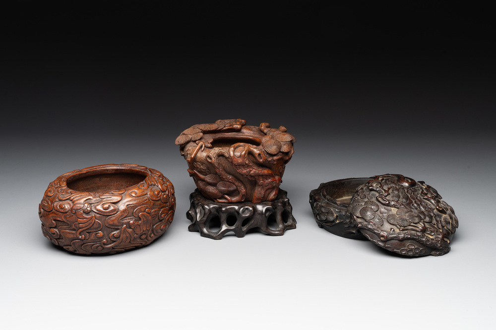 Two Chinese carved bamboo water pots and a hongmu covered box, 19th C.