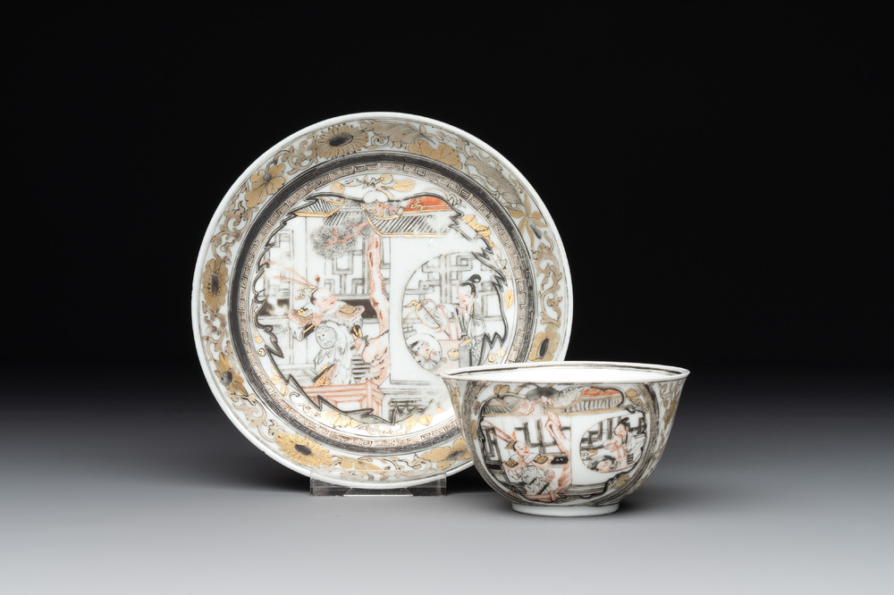 A fine Chinese gilt-decorated grisaille 'Feng Yi Ting 鳳儀亭' cup and saucer, Yongzheng