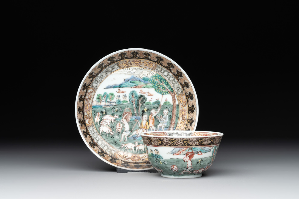 A fine Chinese famille rose 'apple pickers' cup and saucer, Yongzheng