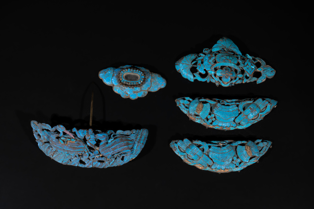 Five Chinese kingfisher feather hairpins, 19th C.