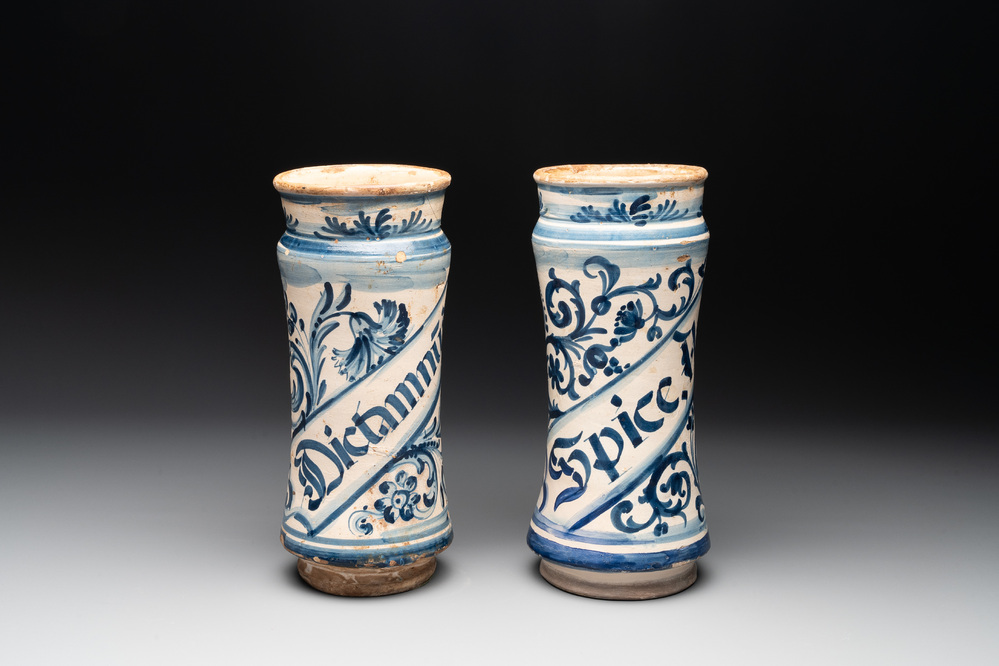 Two Spanish blue and white albarelli, 17th C.
