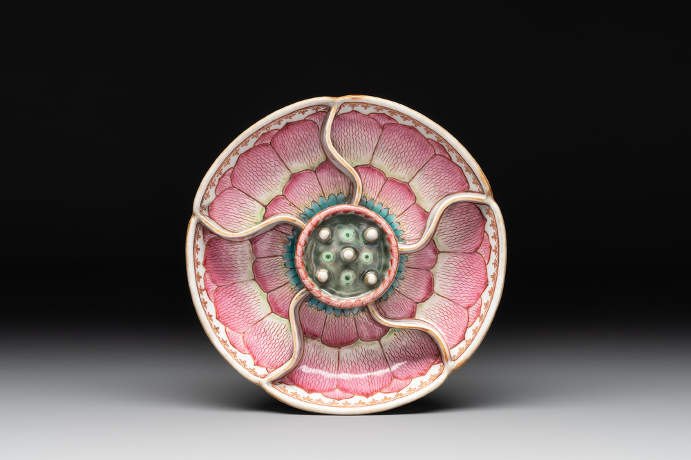 A rare Chinese famille rose compartmented 'lotus' spice box, Qianlong