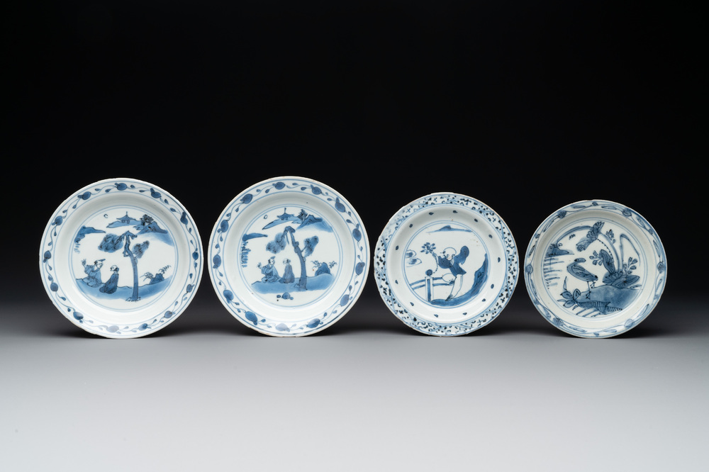Four Chinese blue and white plates, Wanli and late Ming